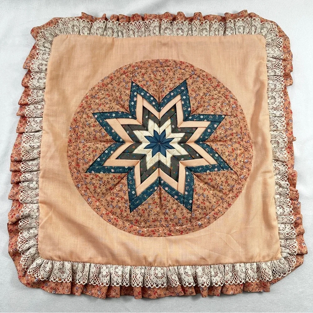 Vintage Pillow Case Cover Handmade Patchwork Pointed Star Pink Ruffle Floral